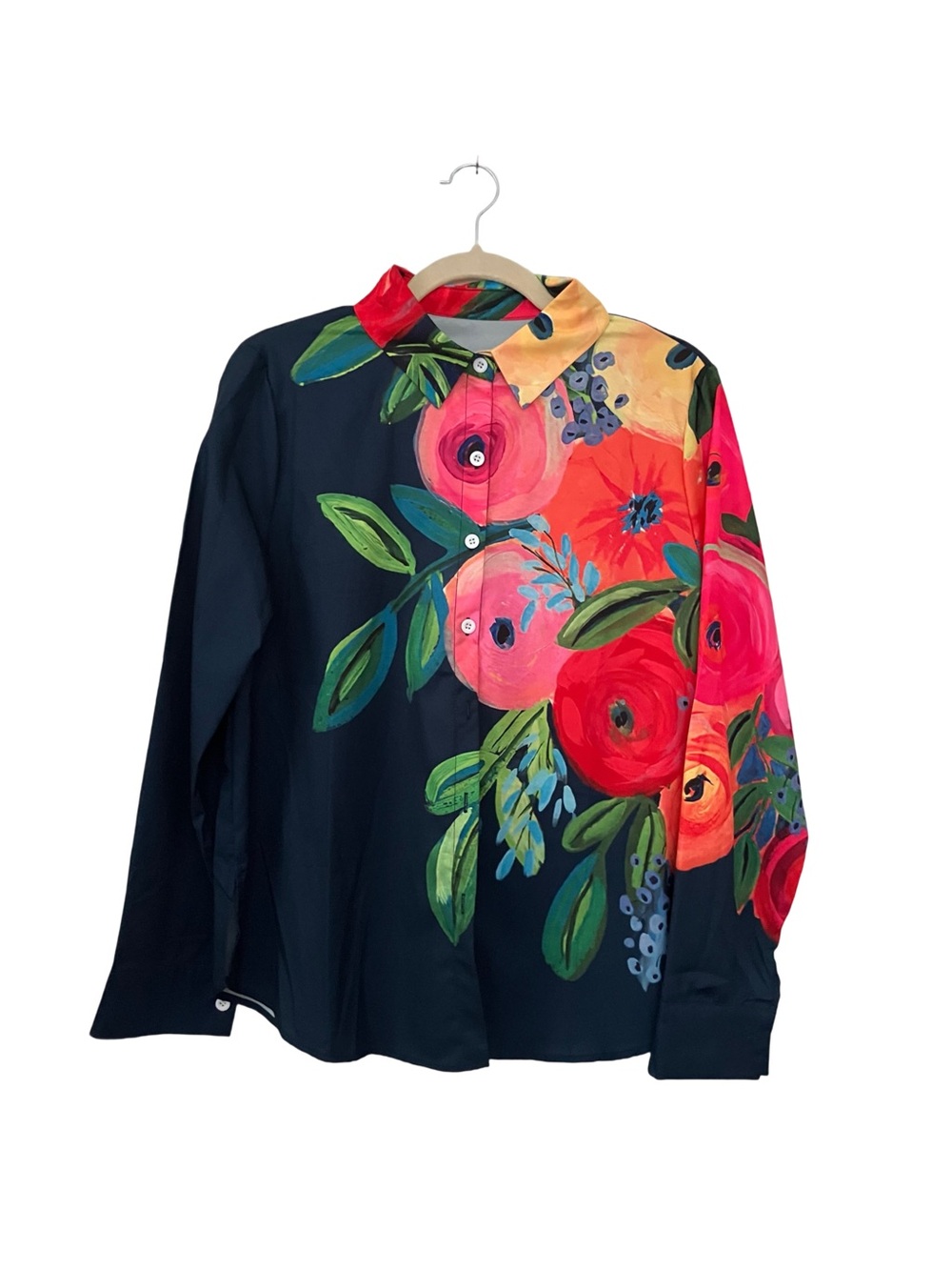 H&M Navy Button-Down Shirt with Bold Floral Print